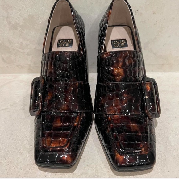 Louise et Cie Ovidio Croc-Embossed Leather Block Heel Loafers Brown Size 7 - Picture 3 of 8